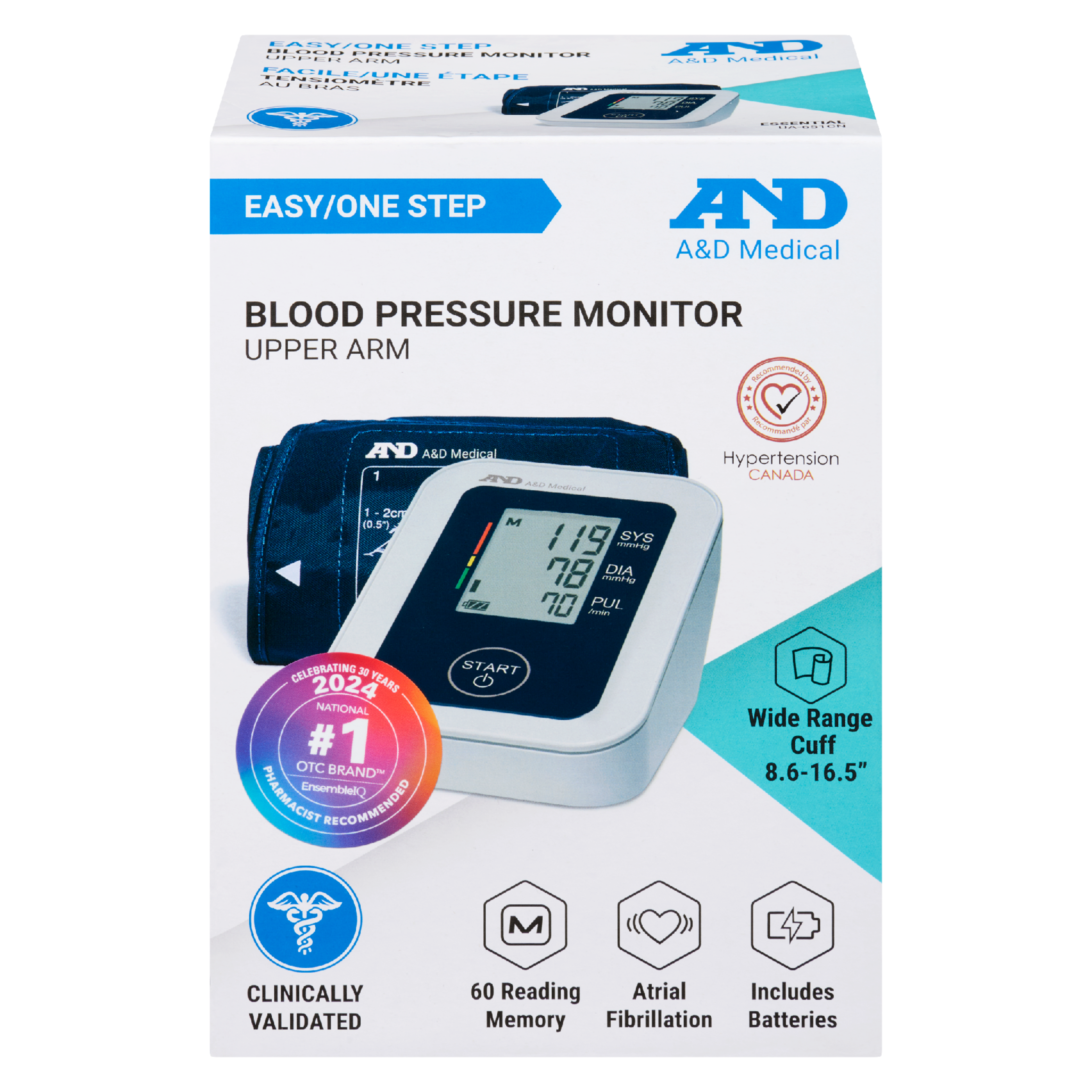 A&D Medical Blood Pressure Monitor Easy/One Step Upper Arm Wide Range Cuff