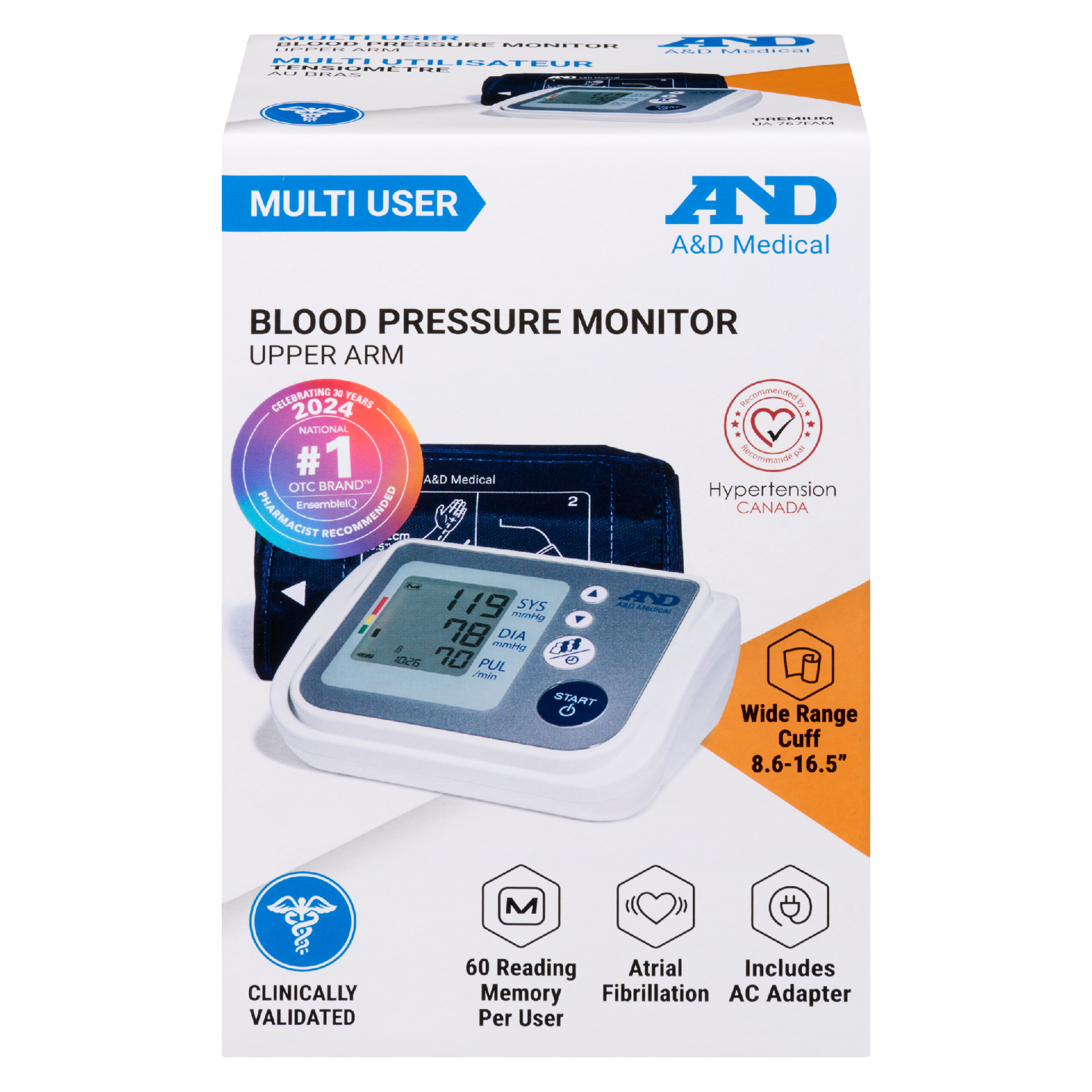 A&D Medical Blood Pressure Monitor Multi User Upper Arm Wide Range Cuff