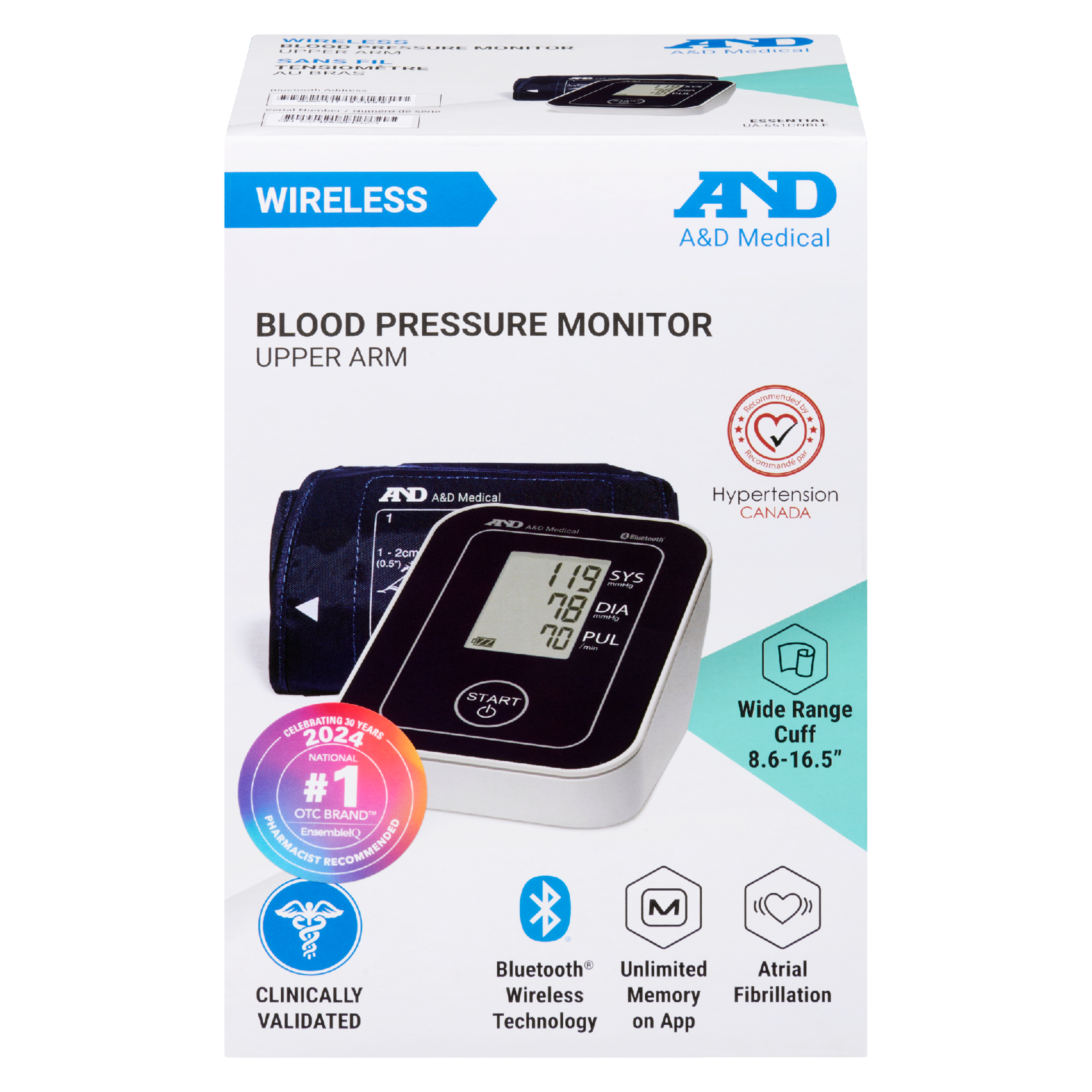 A&D Medical Blood Pressure Monitor Wireless Upper Arm Wide Range Cuff