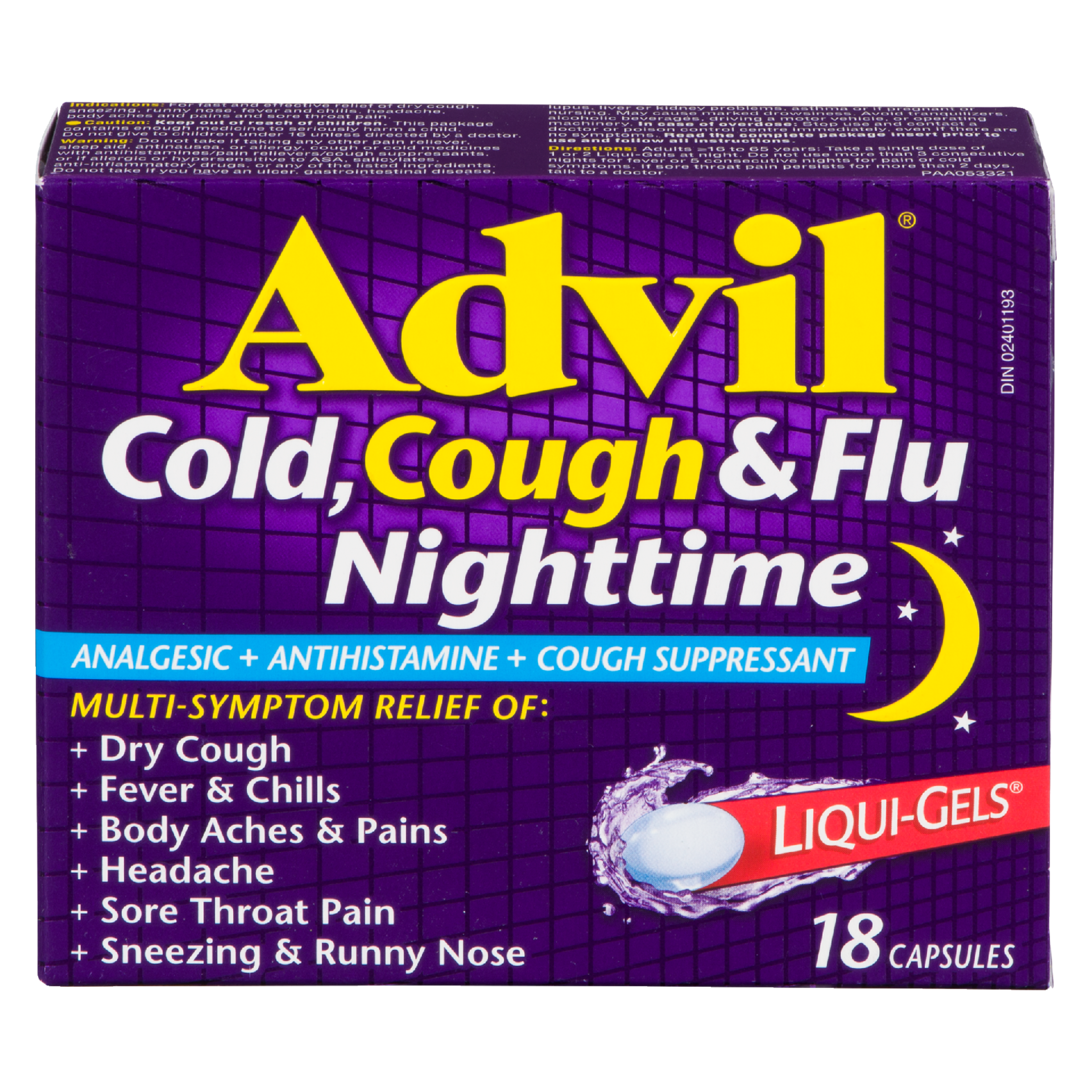 Advil Cold, Cough & Flu Nighttime Analgesic+Antihistamine+Cough Suppressant Liqui-Gels 18 Capsules