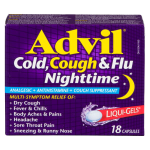 Advil Cold, Cough & Flu Nighttime Analgesic+Antihistamine+Cough Suppressant Liqui-Gels 18 Capsules