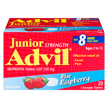 Advil Junior Strength Ibuprofen Tablets USP 100 mg Blue Raspberry Ages 2 to 12 20 Chewable Tablets