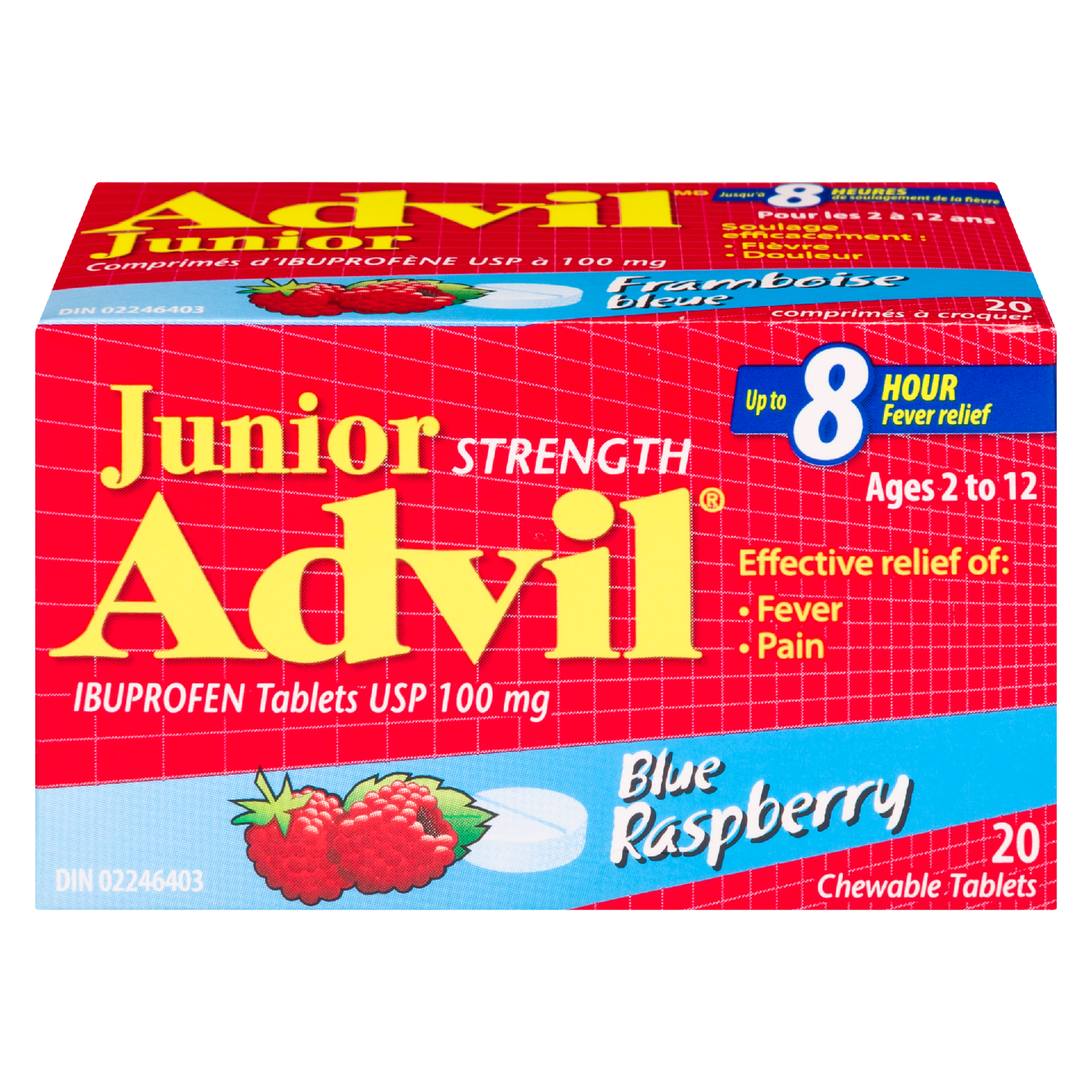 Advil Junior Strength Ibuprofen Tablets USP 100 mg Blue Raspberry Ages 2 to 12 20 Chewable Tablets