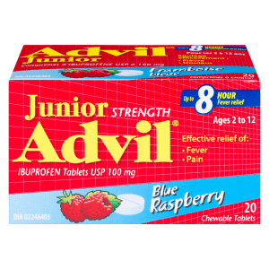 Advil Junior Strength Ibuprofen Tablets USP 100 mg Blue Raspberry Ages 2 to 12 20 Chewable Tablets
