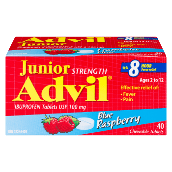 Advil Junior Strength Ibuprofen Tablets USP 100 mg Blue Raspberry Ages 2 to 12 40 Chewable Tablets