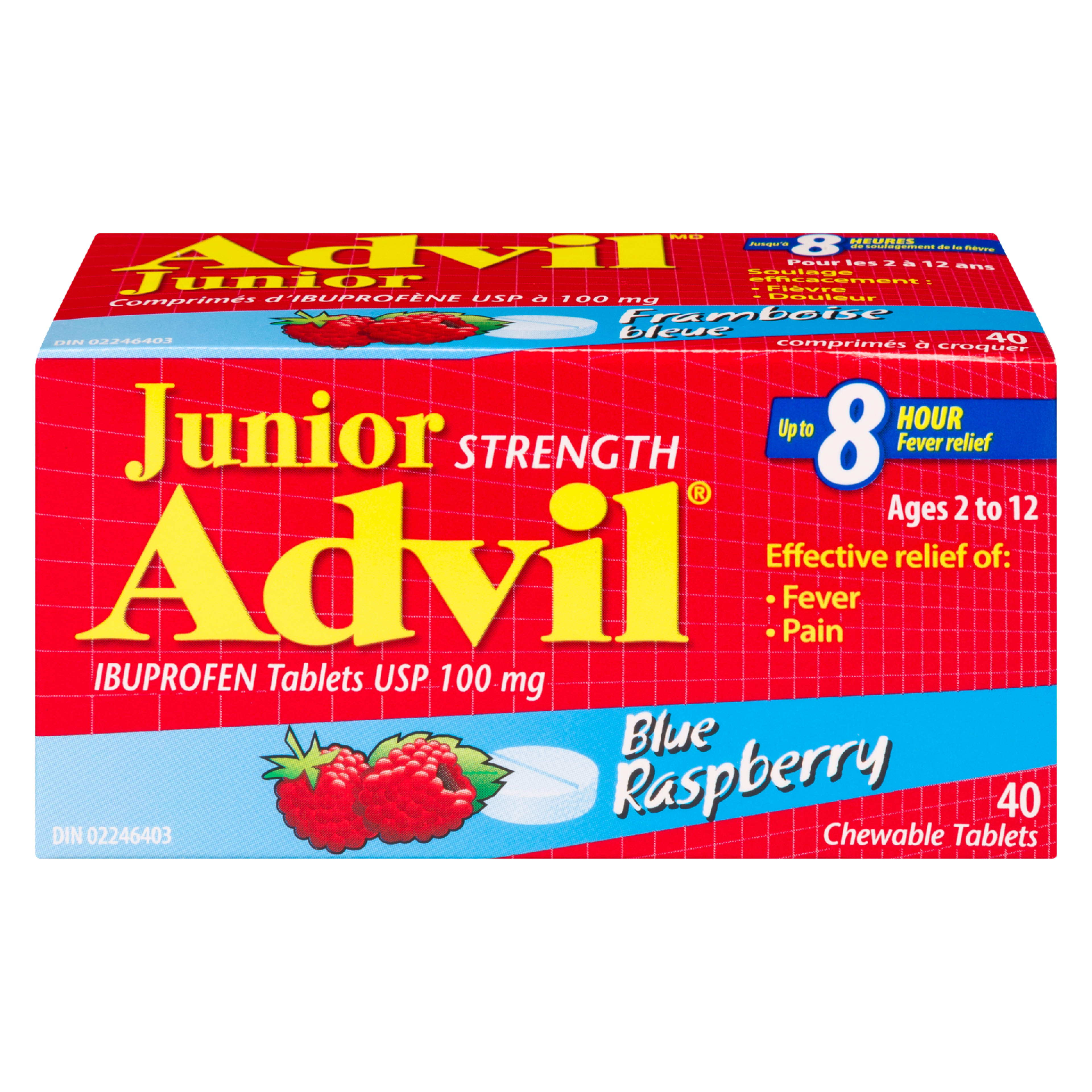 Advil Junior Strength Ibuprofen Tablets USP 100 mg Blue Raspberry Ages 2 to 12 40 Chewable Tablets