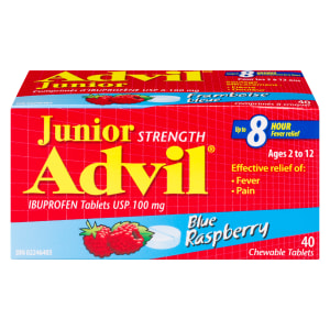 Advil Junior Strength Ibuprofen Tablets USP 100 mg Blue Raspberry Ages 2 to 12 40 Chewable Tablets