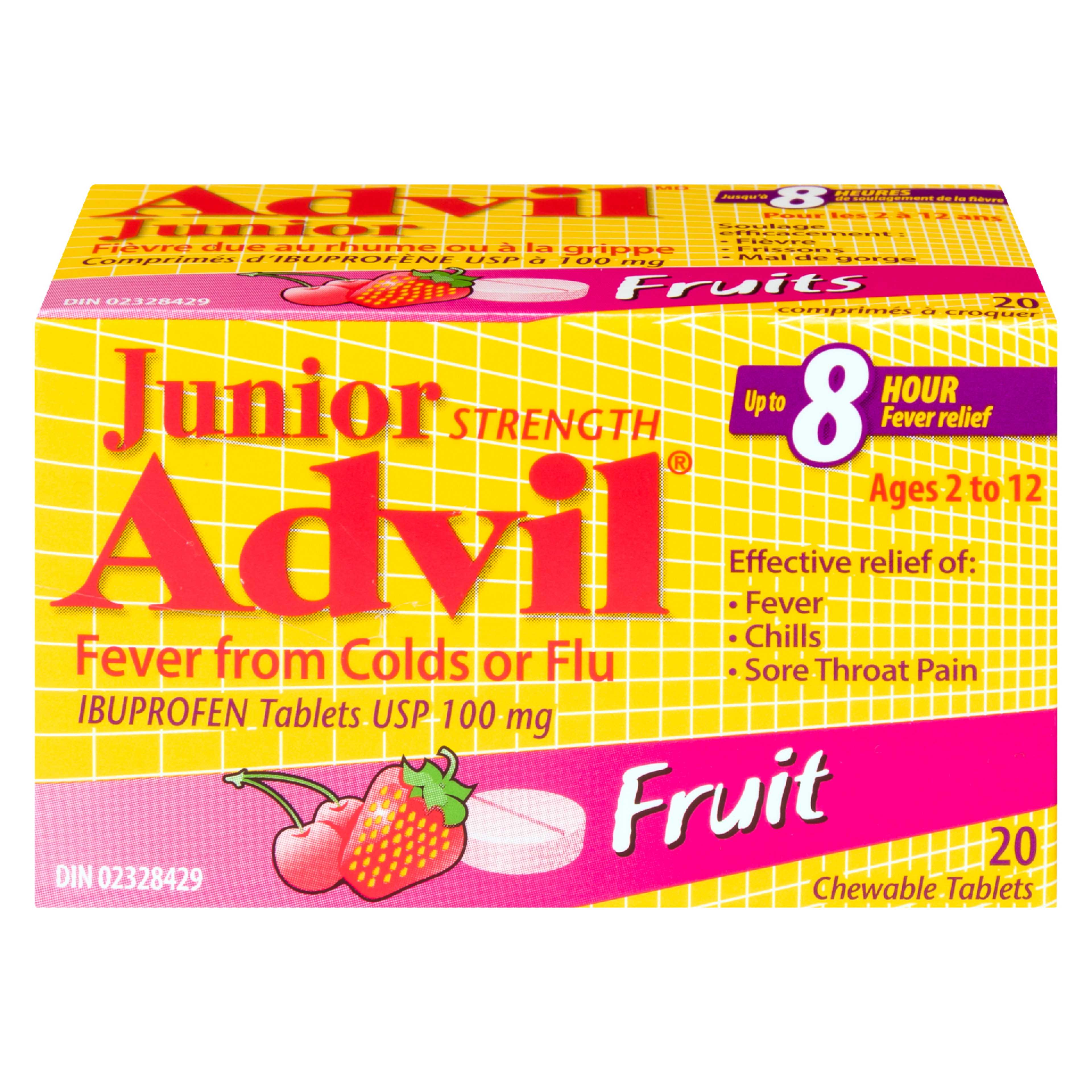 Advil Junior Strength Ibuprofen Tablets USP 100 mg Fruit Ages 2 to 12 20 Chewable Tablets