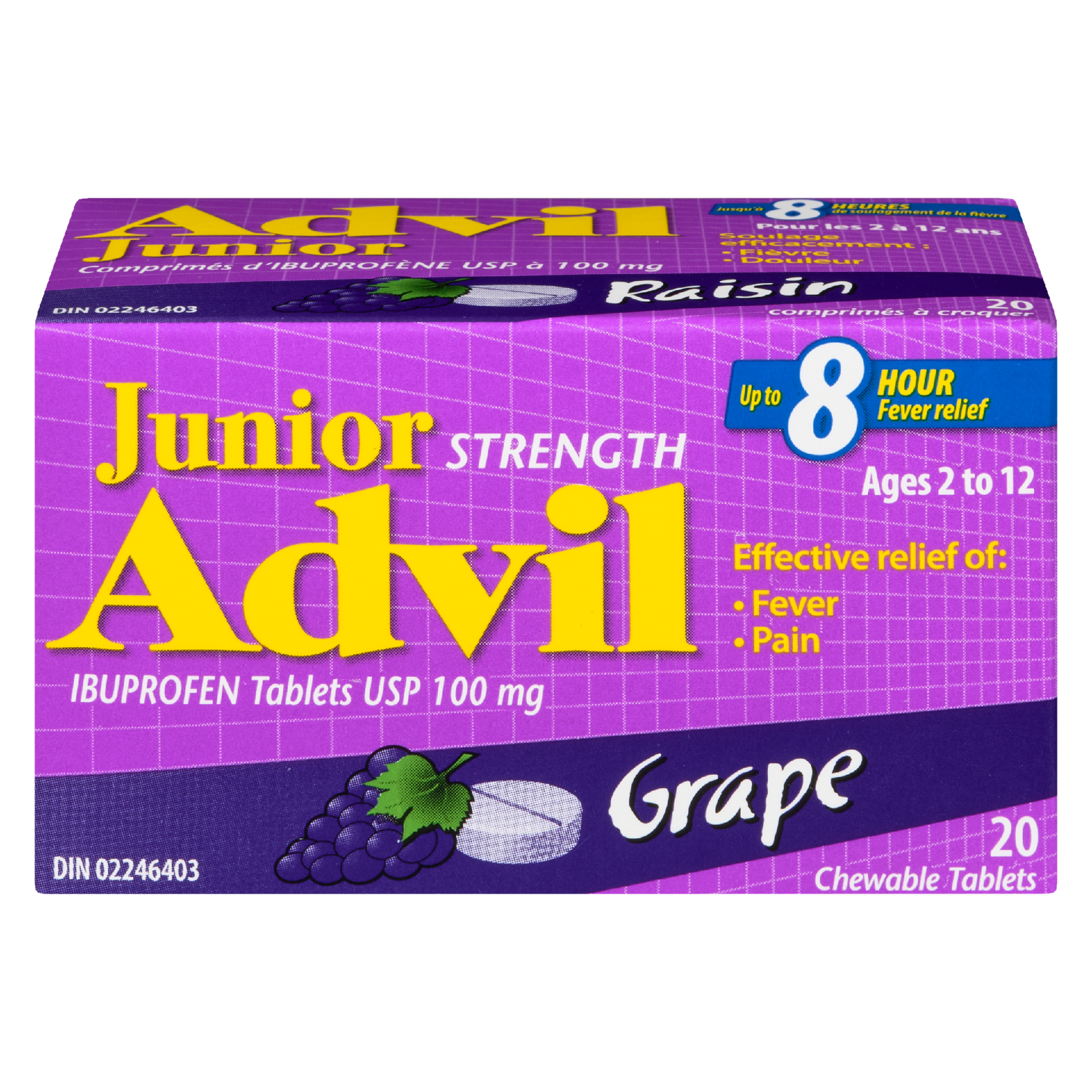 Advil Junior Strength Ibuprofen Tablets USP 100 mg Grape Ages 2 to 12 20 Chewable Tablets
