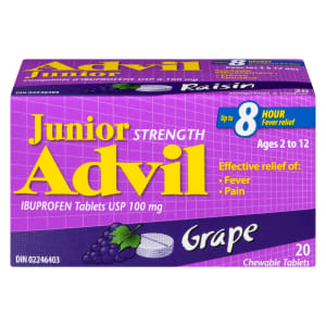 Advil Junior Strength Ibuprofen Tablets USP 100 mg Grape Ages 2 to 12 20 Chewable Tablets