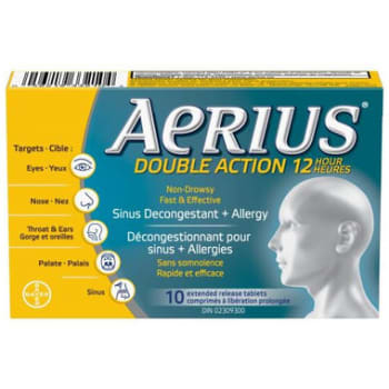 Aerius Dual Action 12 Hour Non Drowsy Allergy and Sinus 10 Tablets