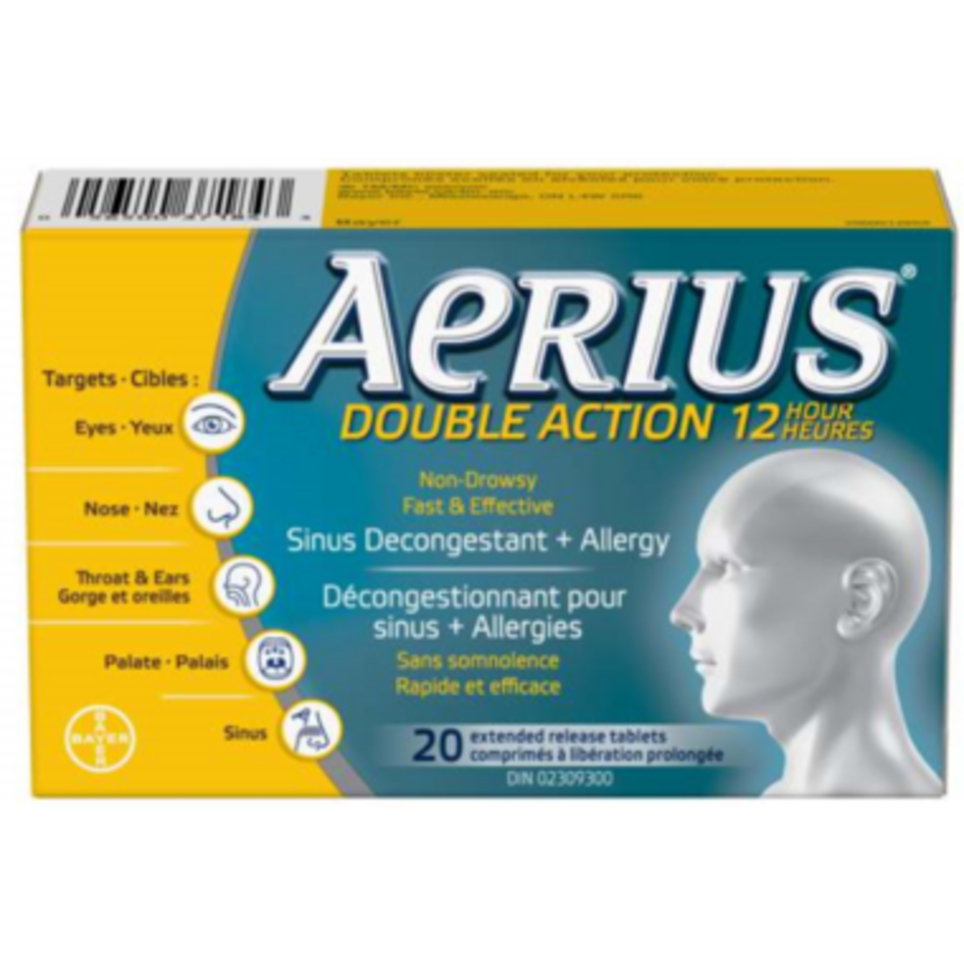 Aerius Sinus Decongestant + Allergy Double Action 12 Hour 20 Extended Release Tablets