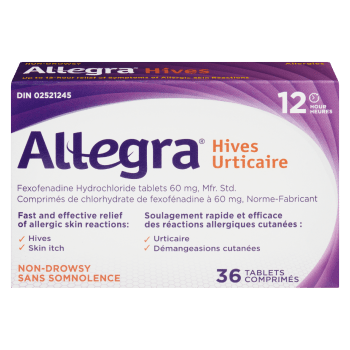 Allegra Hives Fexofanadine Hydrochloride Tablets 60 mg, Mfr. Std. 12 Hours Non-Drowsy 36 Tablets