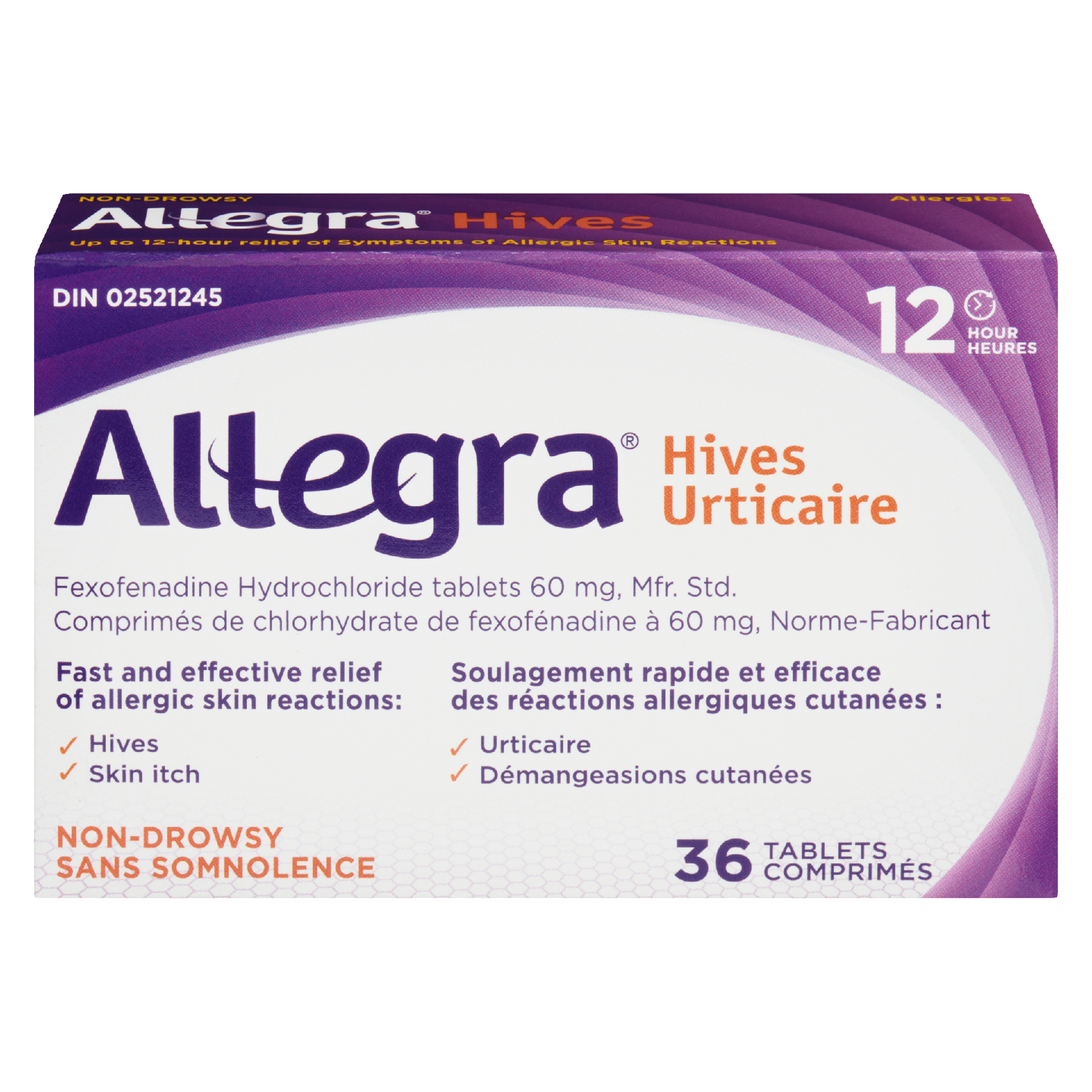 Allegra Hives Fexofanadine Hydrochloride Tablets 60 mg, Mfr. Std. 12 Hours Non-Drowsy 36 Tablets