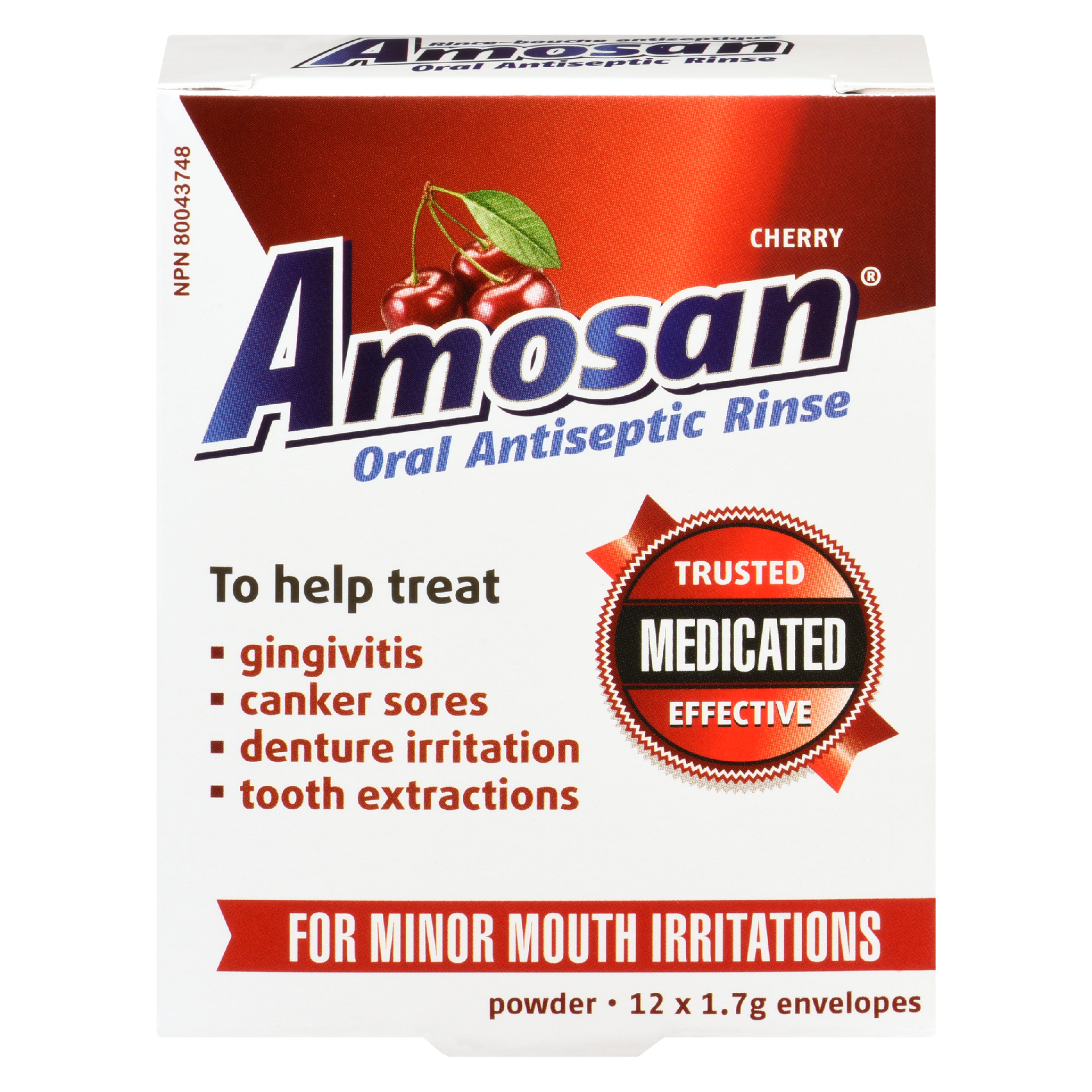 Amosan Oral Antiseptic Rinse Powder Cherry 12 Envelopes x 1.7 g