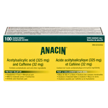 Anacin Acetylsalicylic Acid (325 mg) and Caffeine (32 mg) 100 Coated Tablets