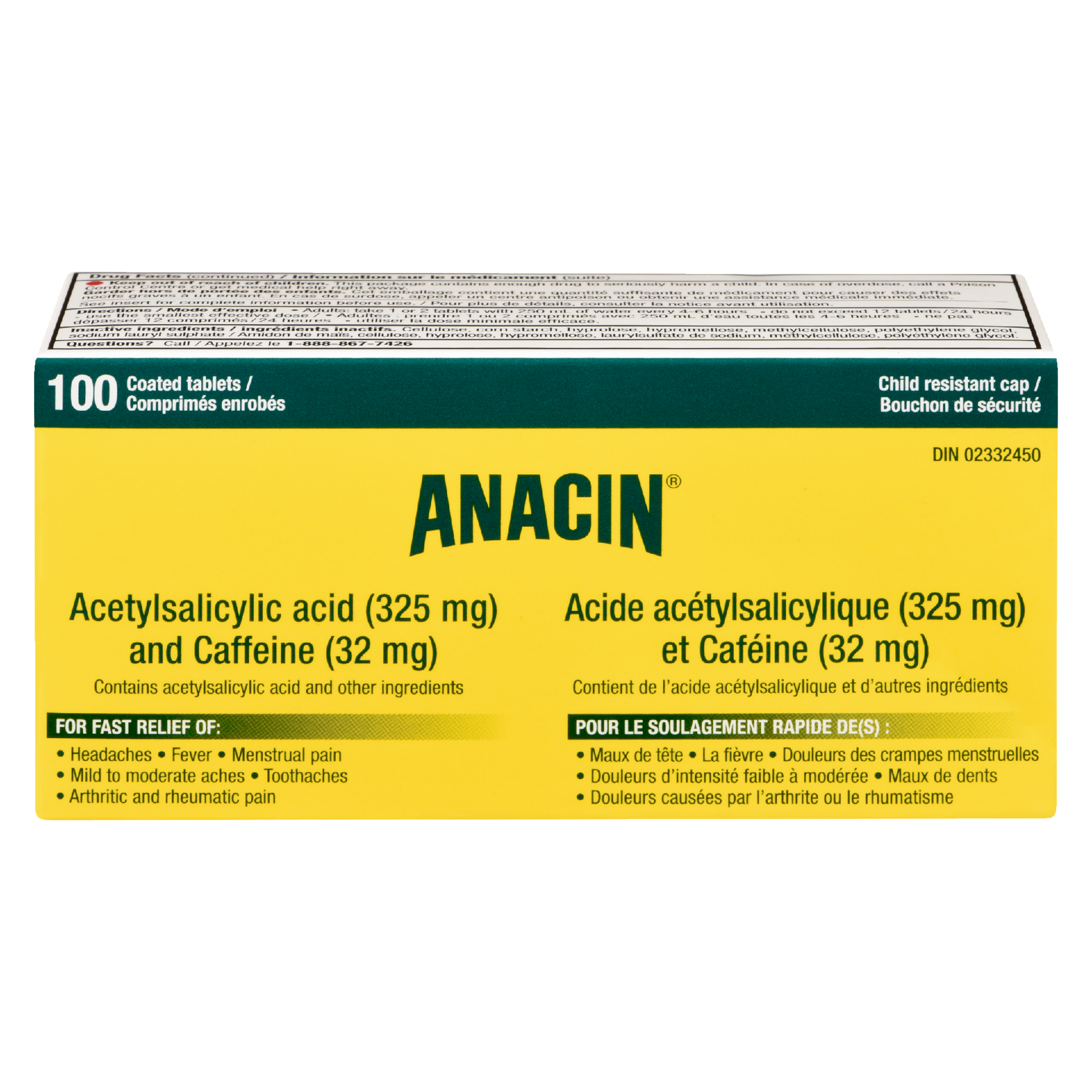 Anacin Acetylsalicylic Acid (325 mg) and Caffeine (32 mg) 100 Coated Tablets