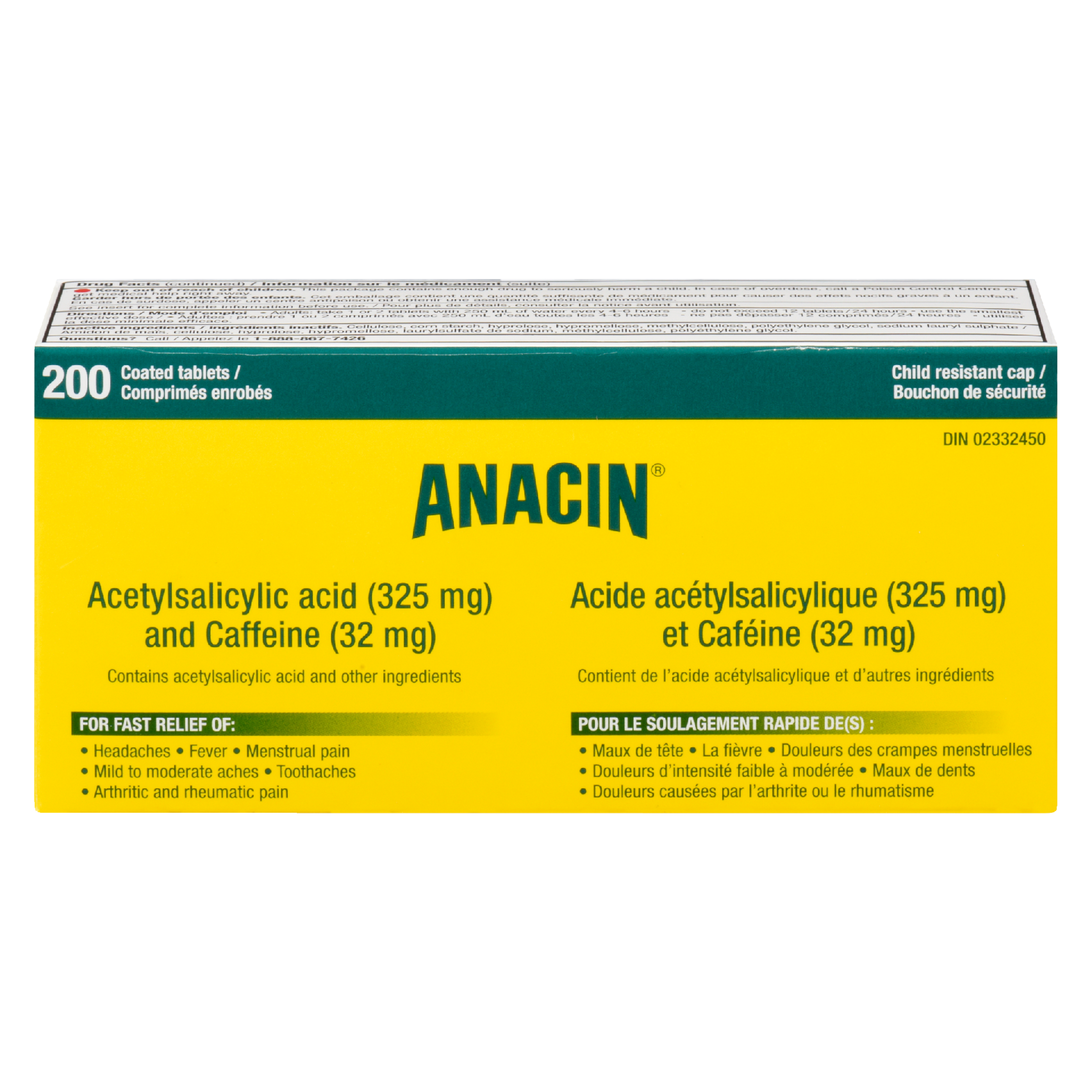 Anacin Acetylsalicylic Acid 325 mg and Caffeine 32 mg 200 Coated Tablets