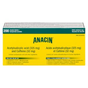 Anacin Acetylsalicylic Acid 325 mg and Caffeine 32 mg 200 Coated Tablets