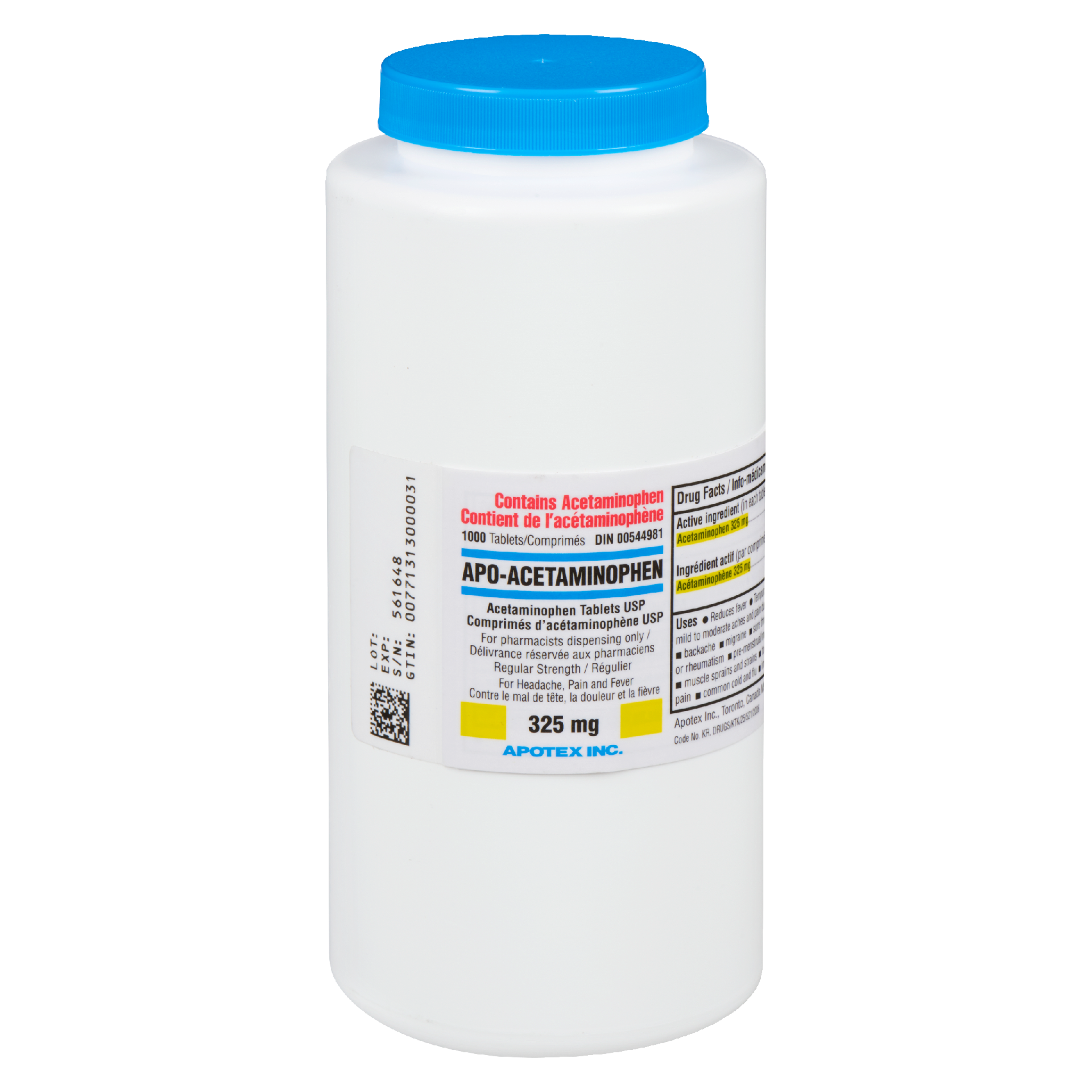 Apotex Apo-Acetaminophen Regular Strength 325 mg 1000 Tablets
