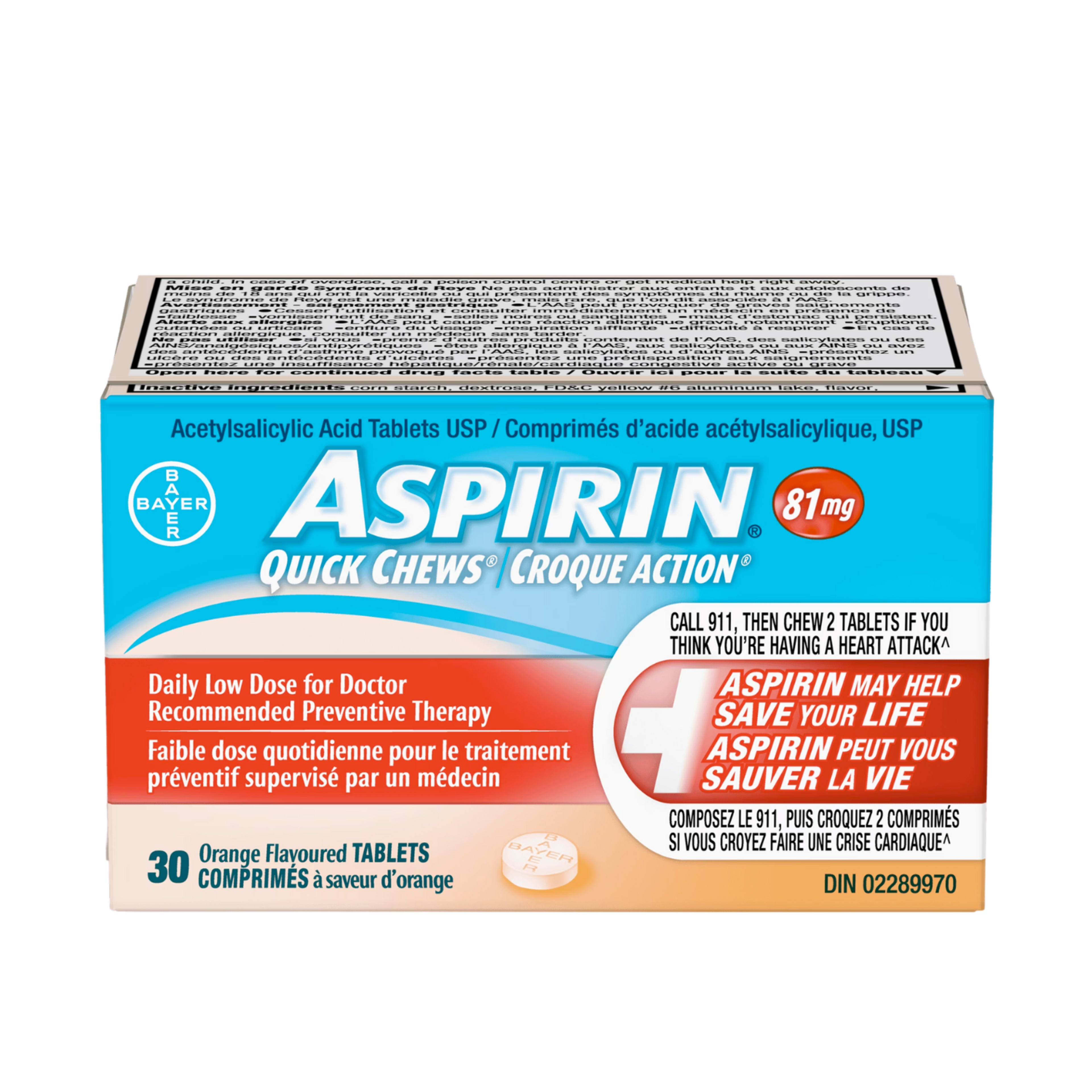 ASPIRIN Acetylsalicylic Acid Tablets USP Quick Chews 81 mg 30 Orange Flavoured Tablets