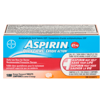 ASPIRIN Acetylsalicylic Acid Tablets USP Quick Chews 81 mg 100 Orange Flavoured Tablets