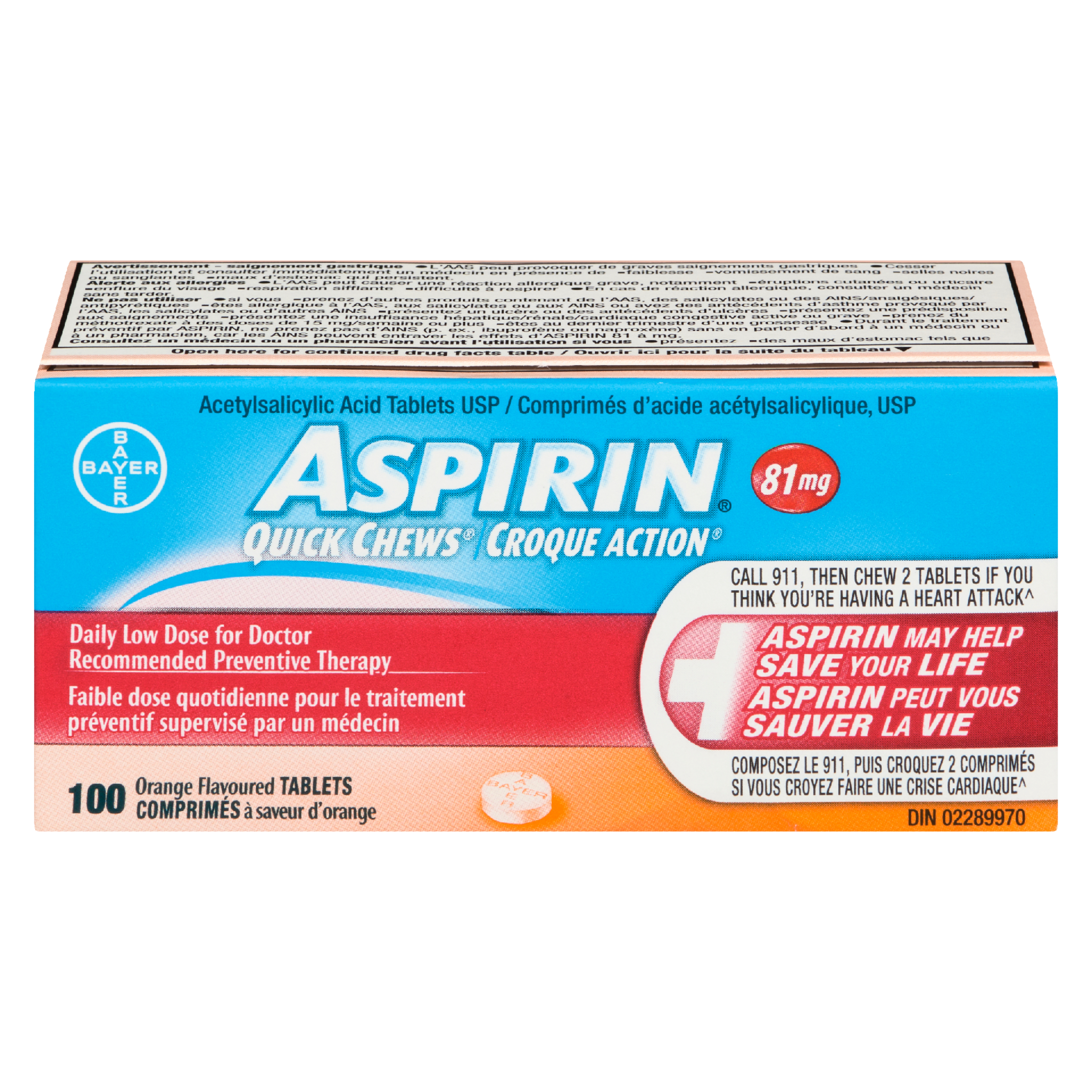 ASPIRIN Acetylsalicylic Acid Tablets USP Quick Chews 81 mg 100 Orange Flavoured Tablets