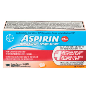 ASPIRIN Acetylsalicylic Acid Tablets USP Quick Chews 81 mg 100 Orange Flavoured Tablets