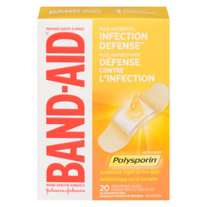Band-Aid Infection Defense Brand Adhesive Bandages Plus Antibiotic with Polysporin 20 Assorted Sizes