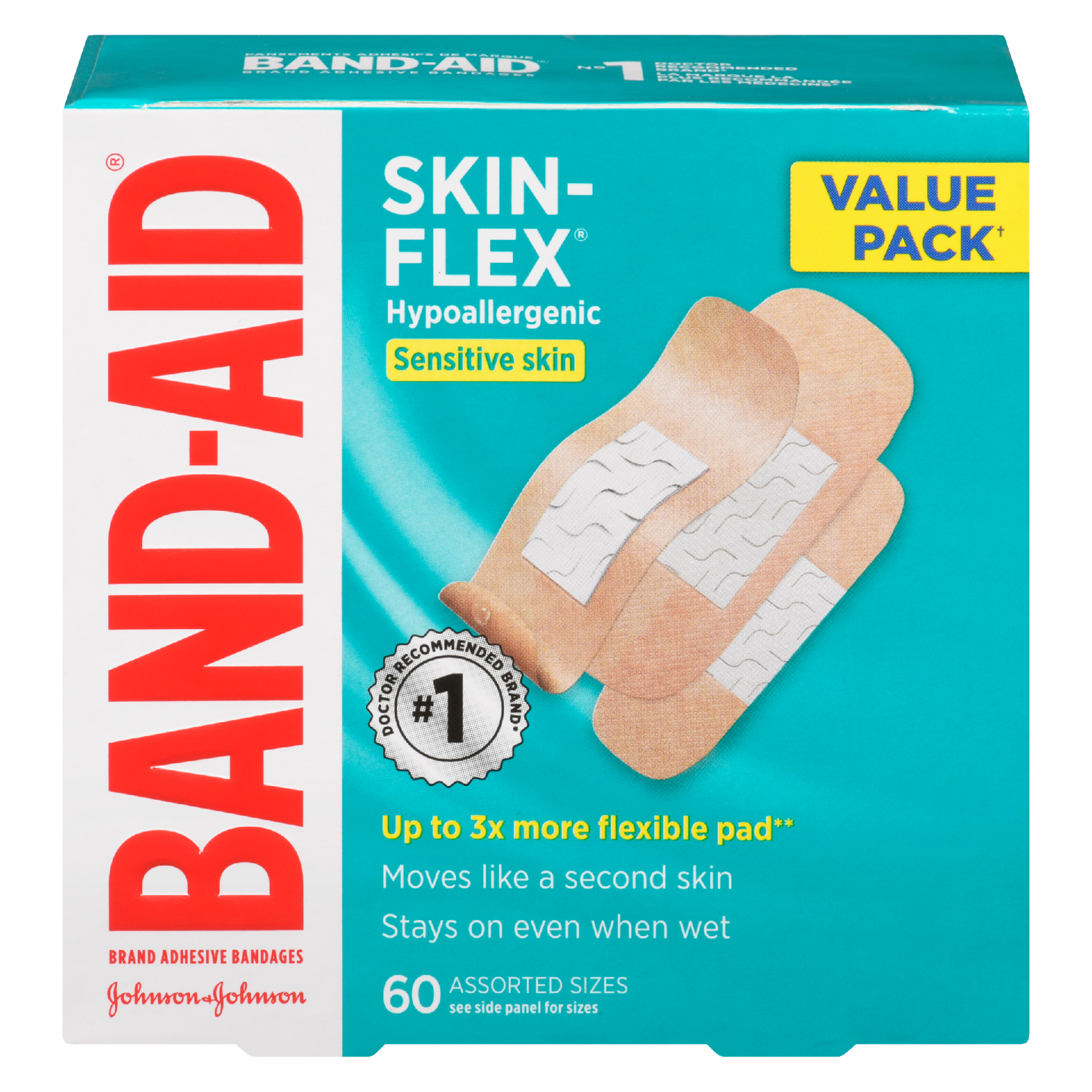 BAND-AID Skin-Flex Brand Adhesive Bandages Sensitive Skin Value Pack 60 Assorted Sizes