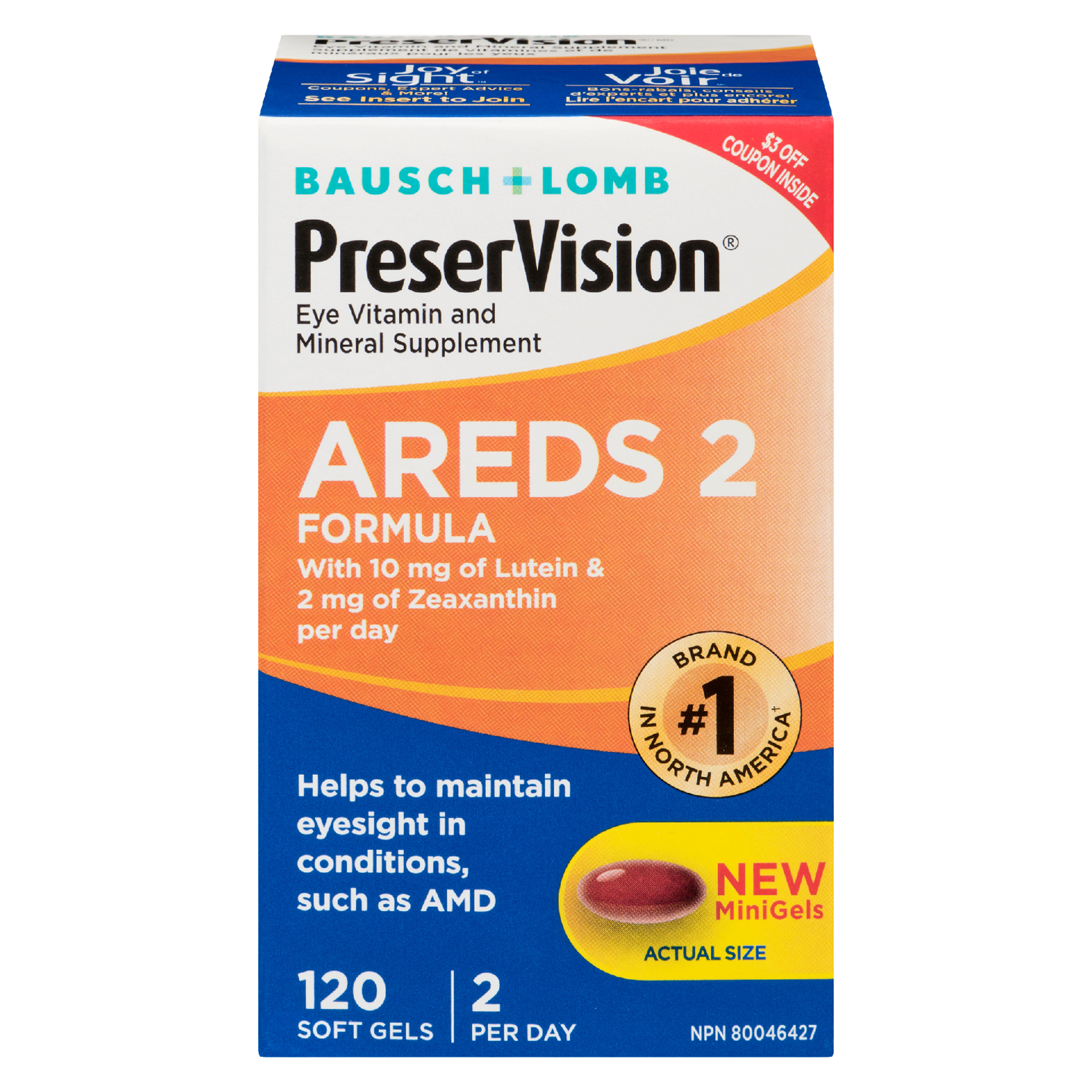 Bausch + Lomb PreserVision Eye Vitamin and Mineral Supplement AREDS 2 Formula 120 Soft Gels