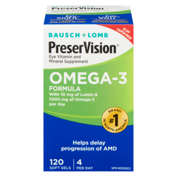 Bausch + Lomb PreserVision Eye Vitamin and Mineral Supplement Omega - 3 Formula 120 Soft Gels