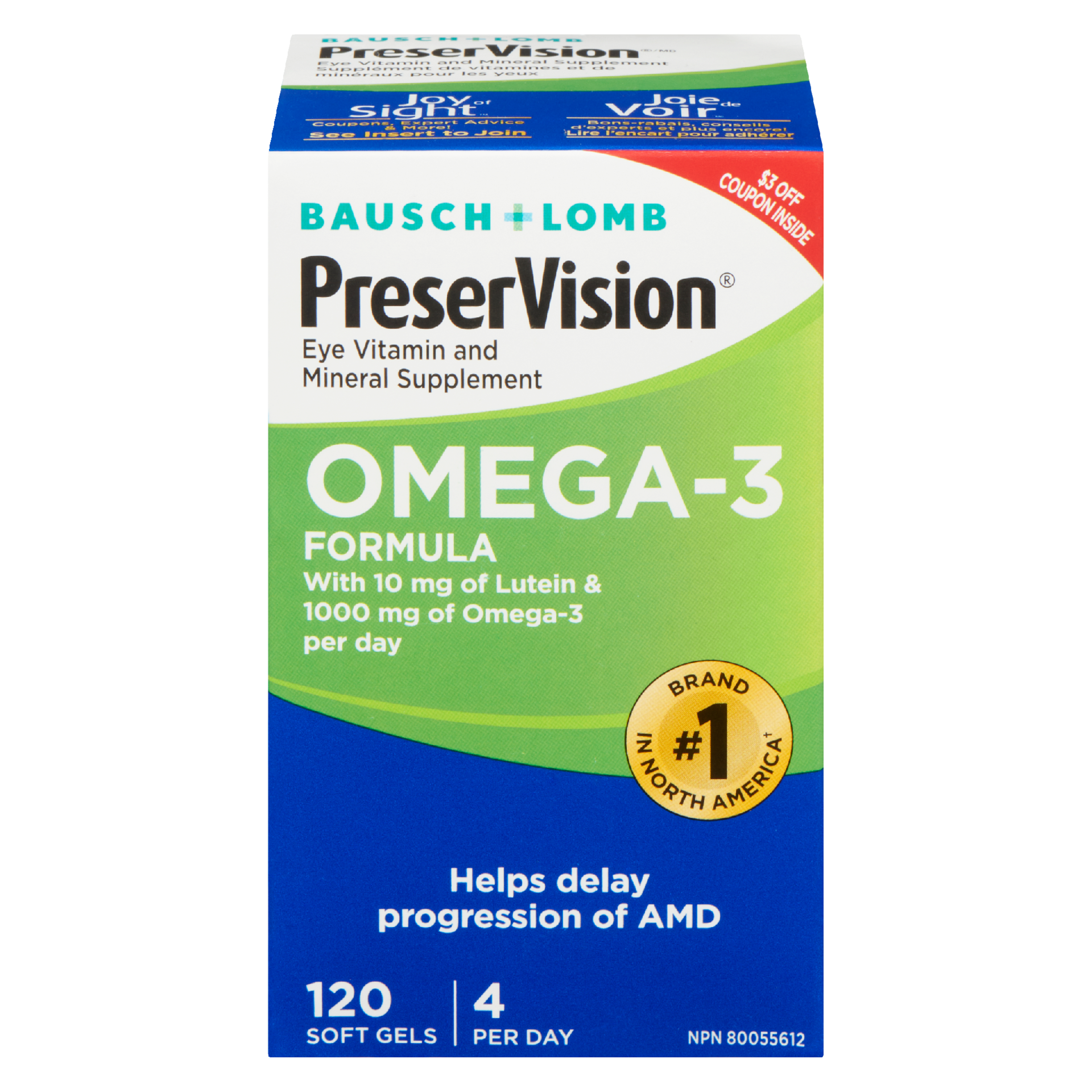 Bausch + Lomb PreserVision Eye Vitamin and Mineral Supplement Omega - 3 Formula 120 Soft Gels