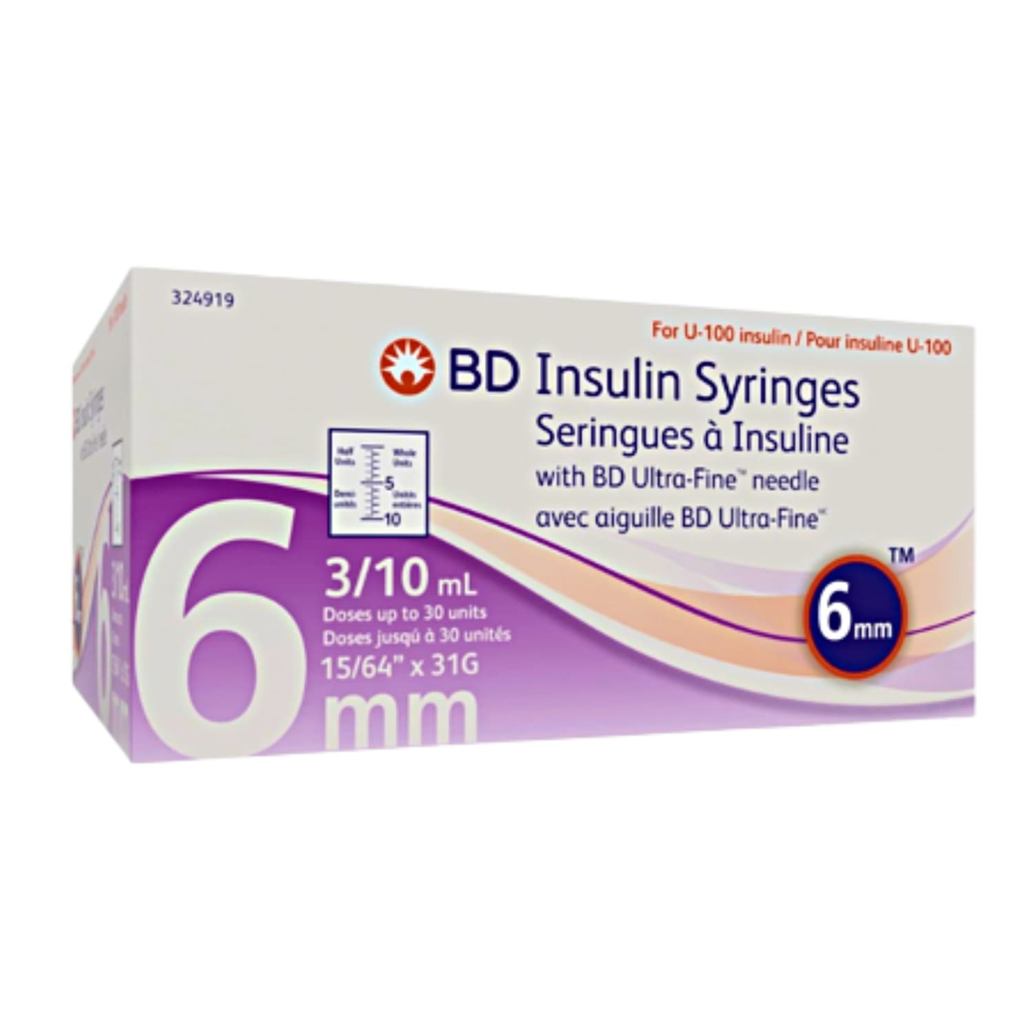 BD 0.3 mL Insulin Syringes with Ultra-Fine Needle 31 G x 6 mm (100 
