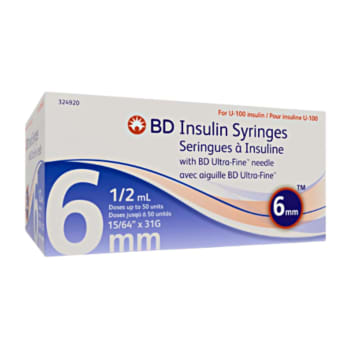 BD 0.5 mL Insulin Syringes with Ultra-Fine Needle 31 G x 6 mm (100 Count)