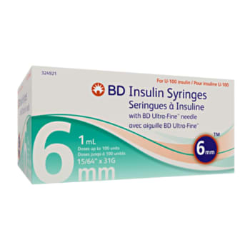 BD 1.0 mL Insulin Syringes with Ultra-Fine Needle 31 G x 6 mm (100 Count)