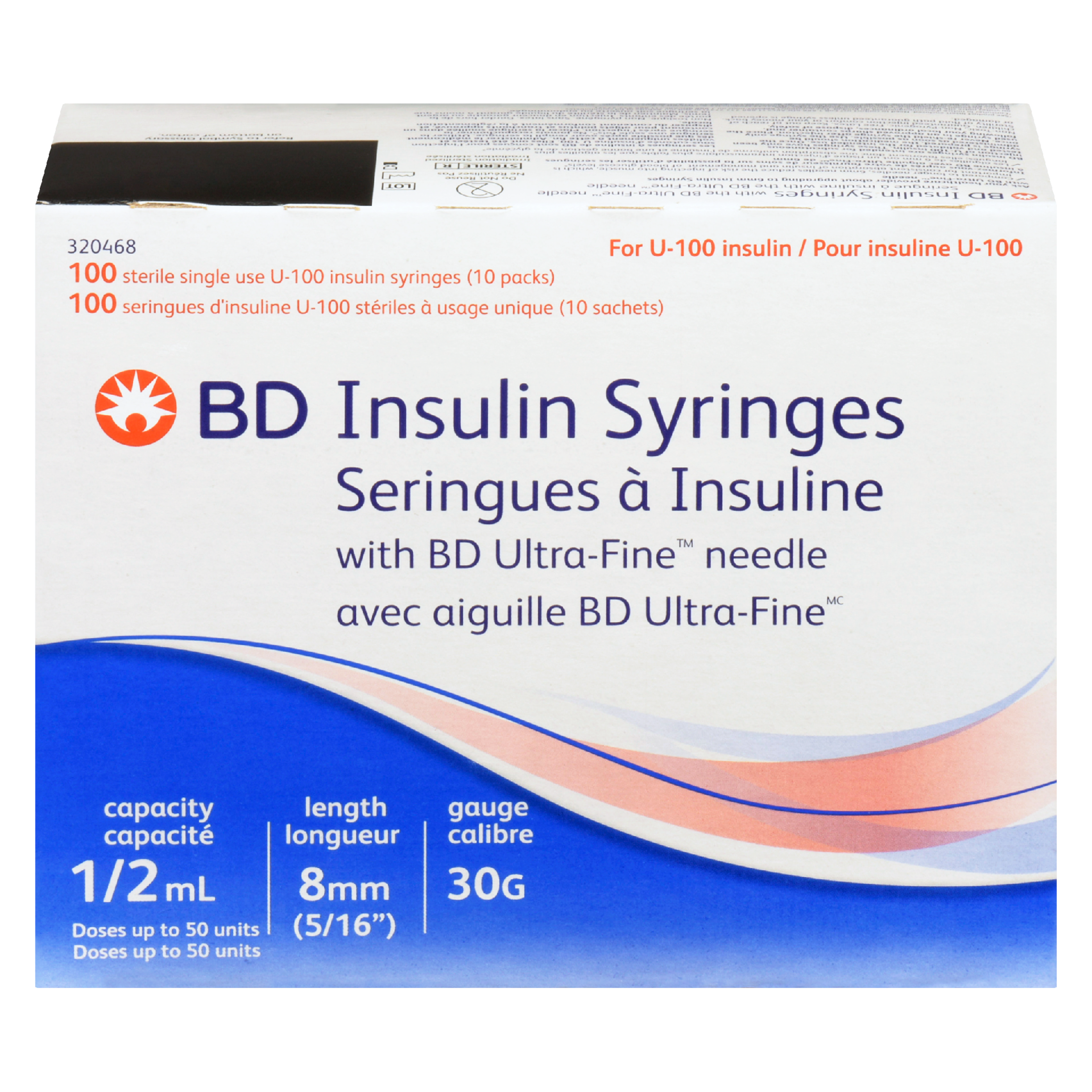 BD Insulin Syringes with BD Ultra-Fine Needle 320468 100 Sterile Single Use U-100 Insulin Syringes