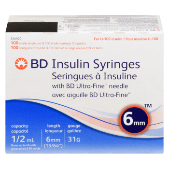 BD Insulin Syringes with BD Ultra-Fine Needle 324920 100 Sterile Single Use U-100 Insulin Syringes