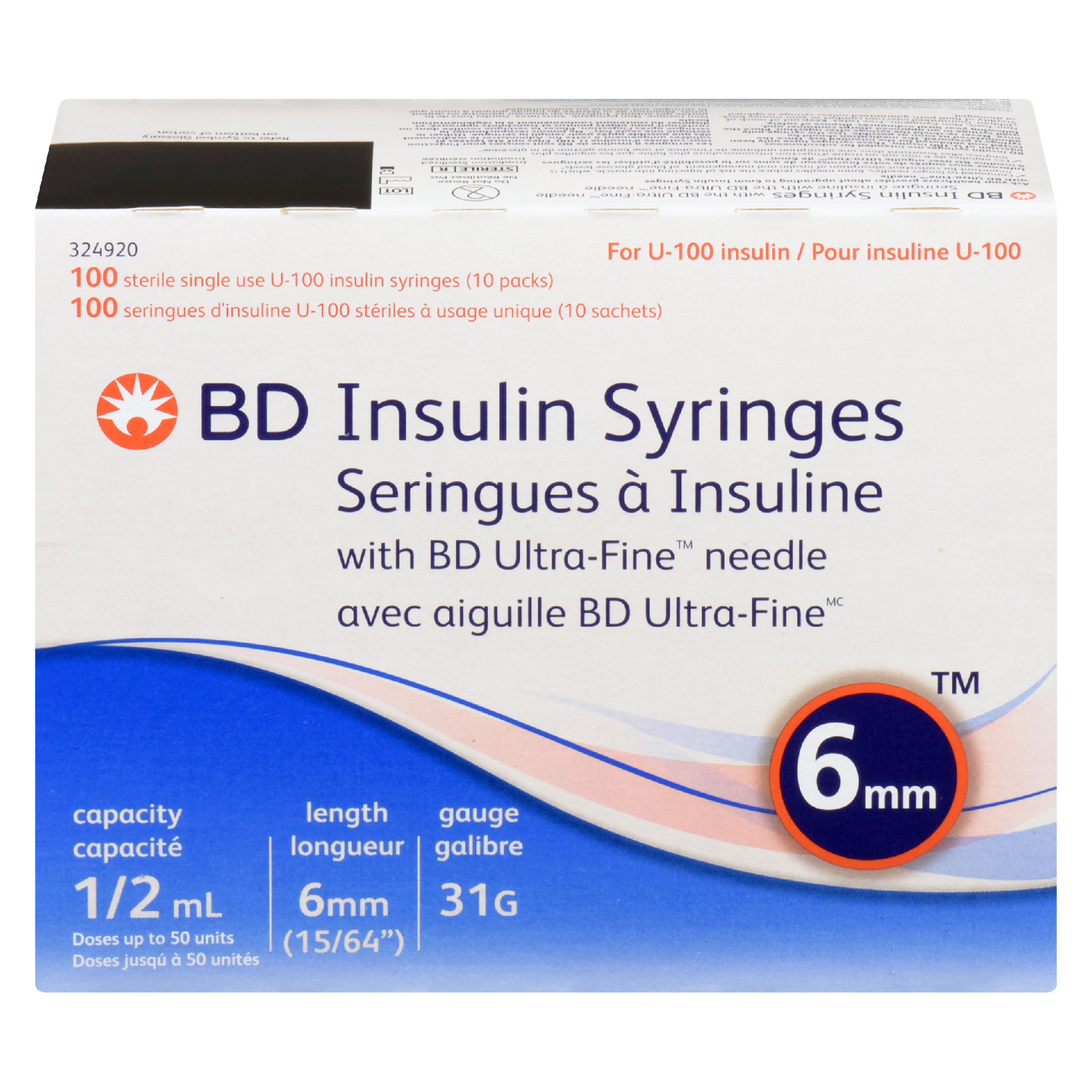 BD Insulin Syringes with BD Ultra-Fine Needle 324920 100 Sterile Single Use U-100 Insulin Syringes