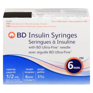 BD Insulin Syringes with BD Ultra-Fine Needle 324920 100 Sterile Single Use U-100 Insulin Syringes