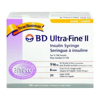 BD Utlrafine II Insulin Syringes 3/10cc 31 G Short (100 Per Box)