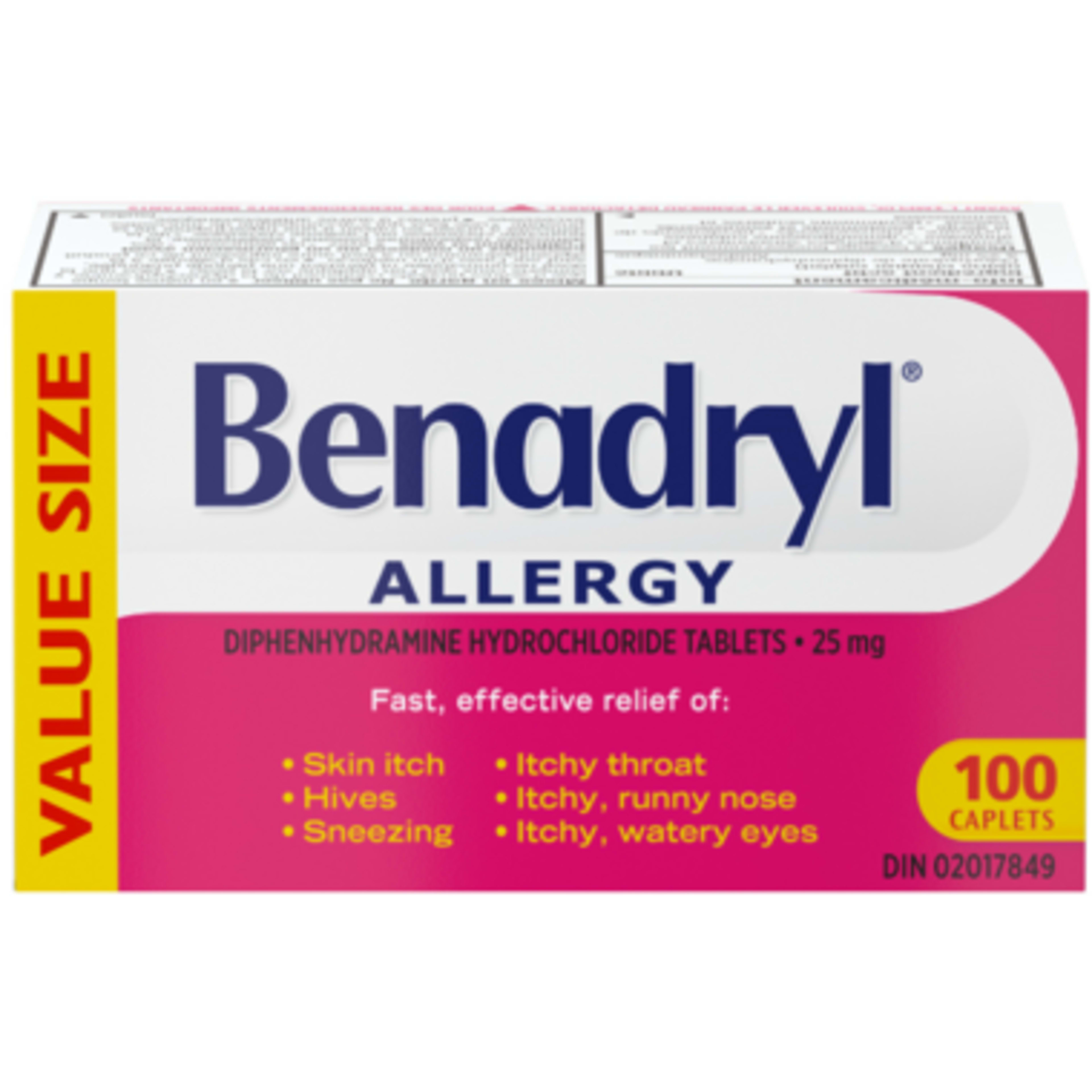 Benadryl Allergy Diphenhydramine Hydrochloride Tablets 25 mg Value Size 100 Caplets