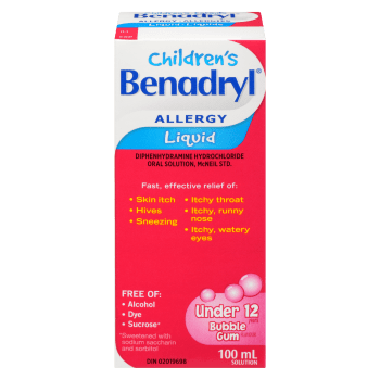 Benadryl Children's Allergy Solution Liquid Bubble Gum Flavour Under 12 Years 100 ml