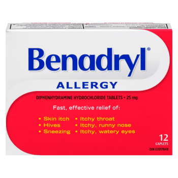 Benadryl Diphenhydramine Hydrochloride Tablets Allergy 25 mg 12 Caplets