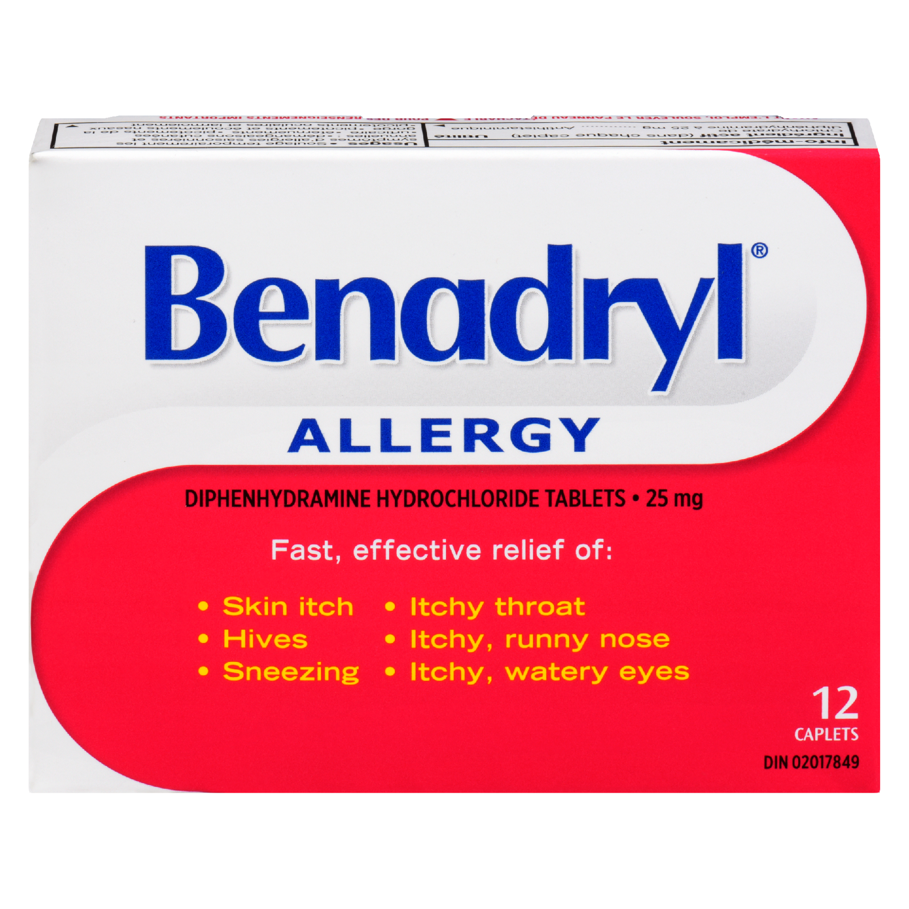 Benadryl Diphenhydramine Hydrochloride Tablets Allergy 25 mg 12 Caplets
