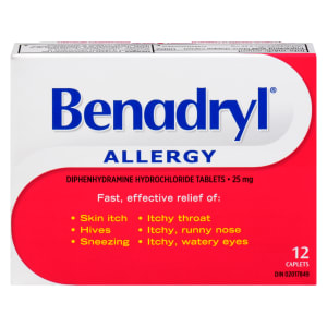Benadryl Diphenhydramine Hydrochloride Tablets Allergy 25 mg 12 Caplets