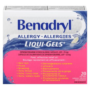Benadryl Liqui-Gels Allergy Diphenhydramine Hydrochloride Capsules USP 25 mg 20 Dye Free Capsules