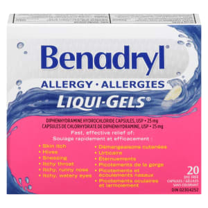 Benadryl Liqui-Gels Allergy Diphenhydramine Hydrochloride Capsules USP 25 mg 20 Dye Free Capsules