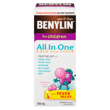 Benylin All-In-One Cold and Fever Suspension Liquid for Children Bubble Gum Flavour 100 ml