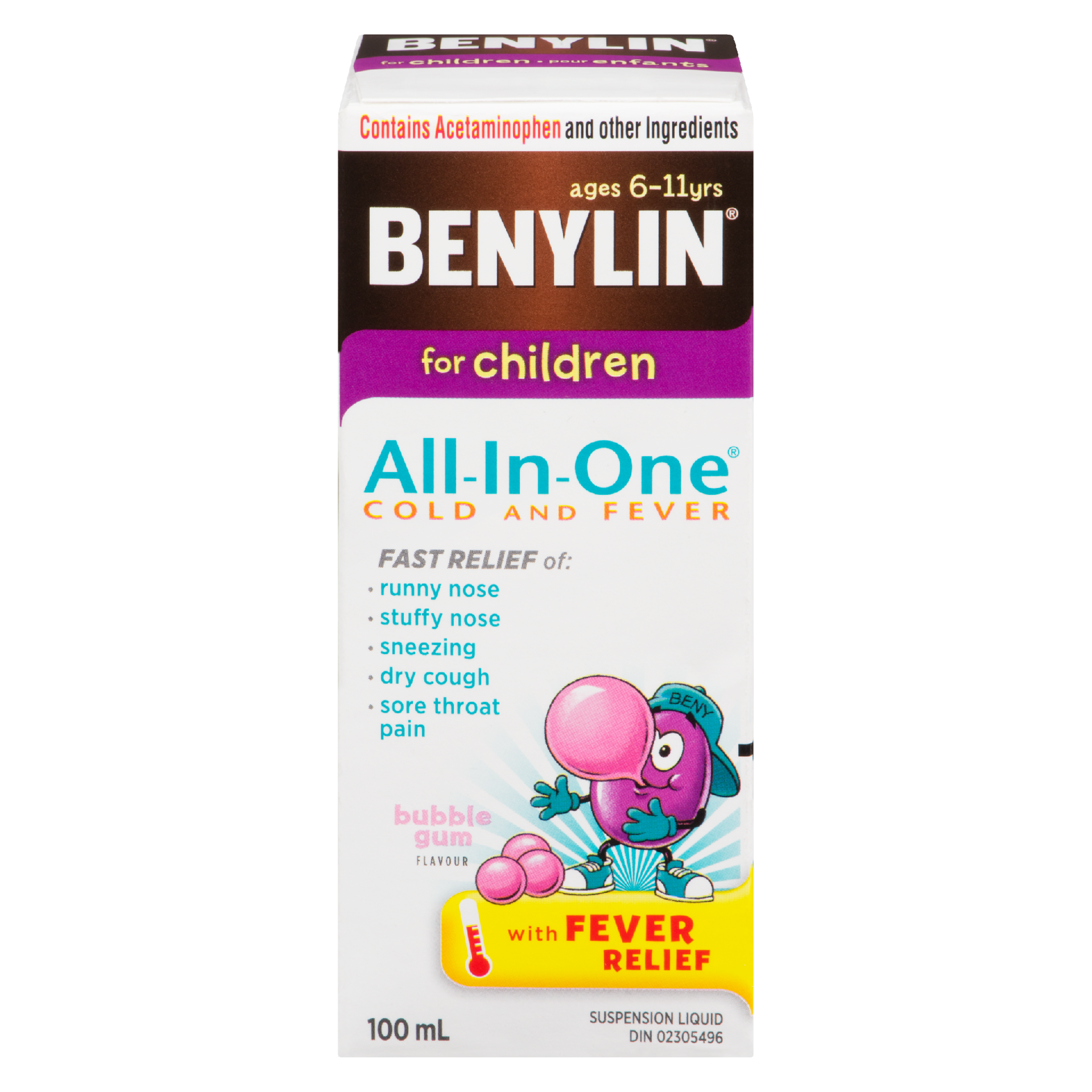 Benylin All-In-One Cold and Fever Suspension Liquid for Children Bubble Gum Flavour 100 ml